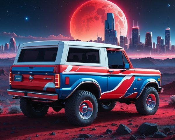 Retro SUV in Red, White, and Blue Against City Skyline