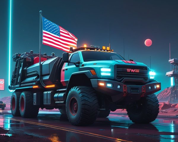 Futuristic Rugged Truck on Neon Terrain with Flag