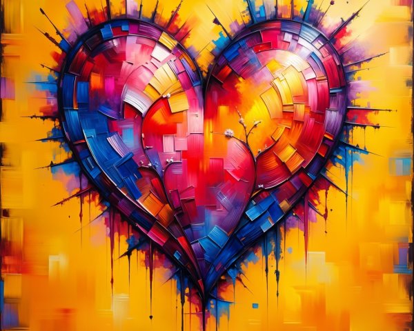 Vibrant Abstract Heart Artwork on Yellow Background