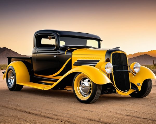 Vintage Pickup Truck in Black and Yellow with Desert View