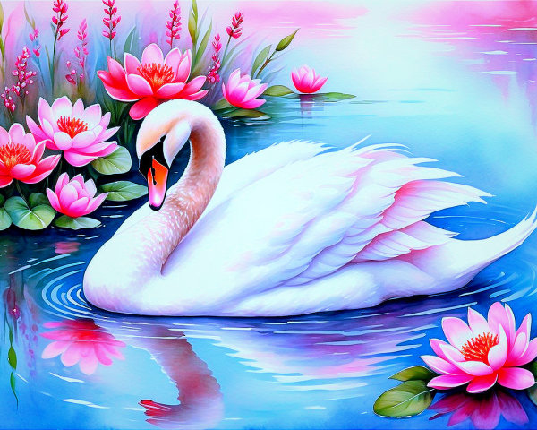 Serene Scene of a White Swan Among Water Lilies