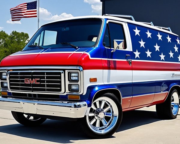 Vintage GMC Van with Patriotic Red, White, and Blue Design