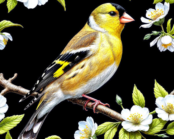Goldfinch on Branch with White Blossoms and Dark Background