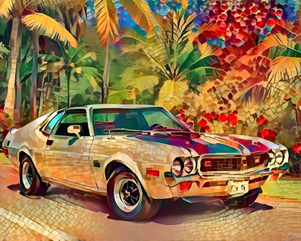 Vintage Car on a Sunny Palm-Lined Road