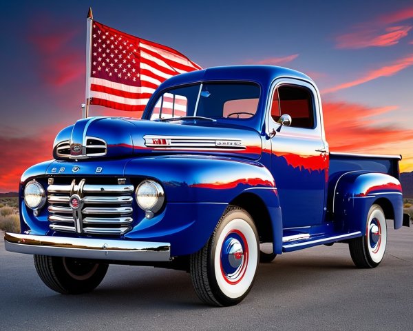Vintage Blue Pickup Truck Against Sunset Sky
