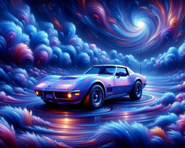 Classic car against vibrant cosmic cloud backdrop