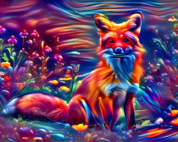 Vibrantly Colored Fox in a Dreamlike Landscape