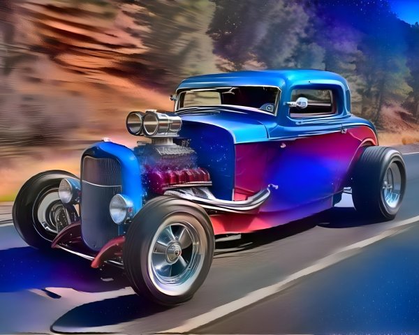 Vintage hot rod with blue-red gradient and chrome details