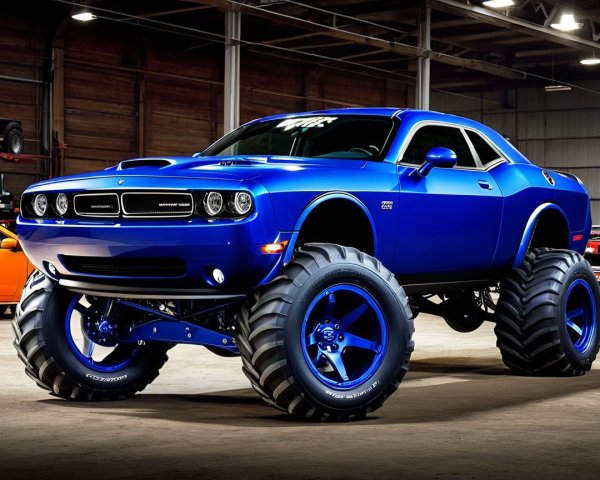 Blue Muscle Car with Off-Road Tires in Warehouse