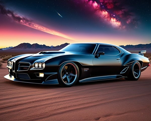 Black Muscle Car in Desert at Sunset with Stars