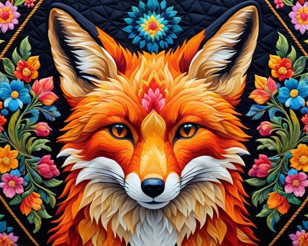 Vibrant Fox Head with Floral Motifs on Black Background