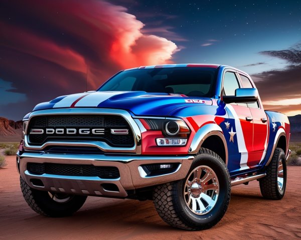 Dodge Truck with American Flag Paint in Desert Sunset