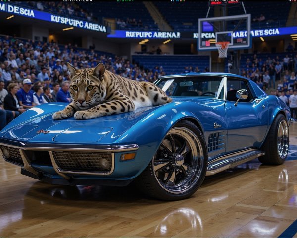 Blue Corvette with White Tiger in Lively Arena