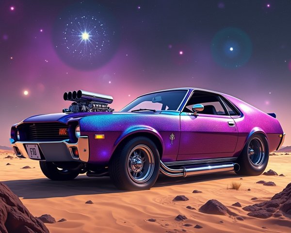 Retro-Futuristic Car in Desert Landscape at Night