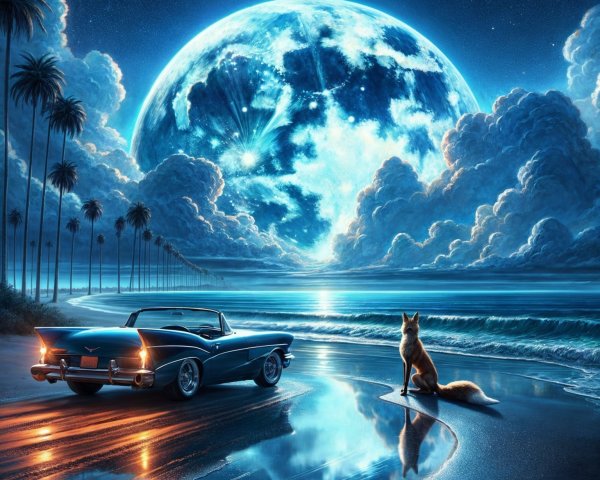 Vintage Car on Beach Under Full Moon with Palm Trees