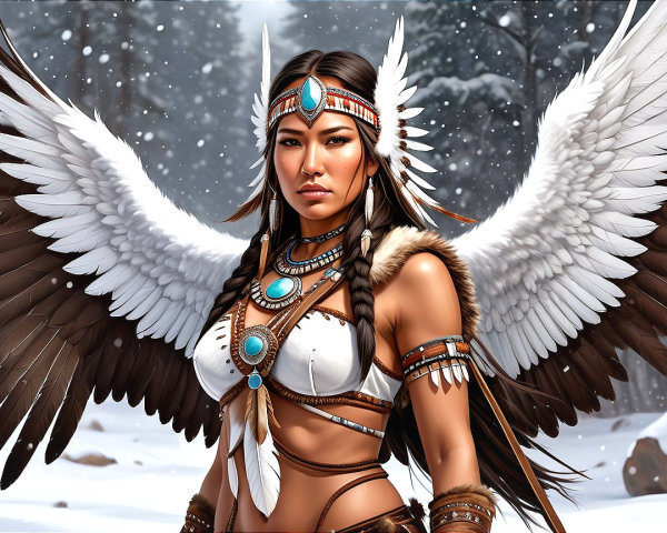 Tribal warrior woman in snowy forest with wings