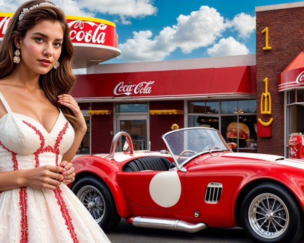 Vintage Woman in White Dress by Classic Sports Car