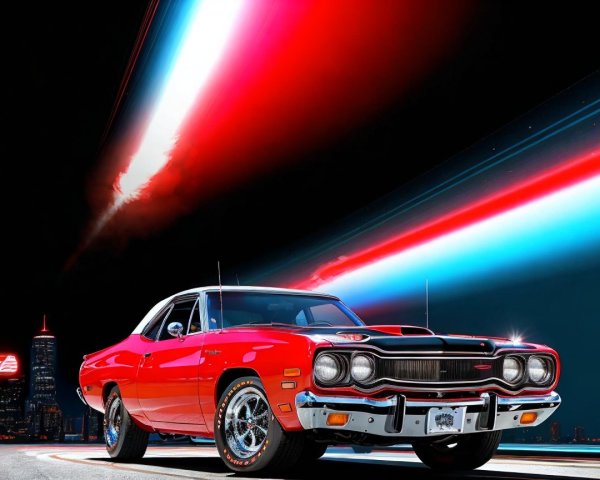 Classic Red Car Against Vibrant Night Skyline