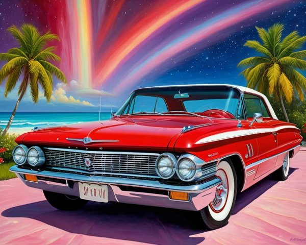Classic Convertible on Pink Beach with Vibrant Sky