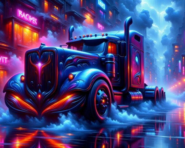 Futuristic Truck in Neon-Lit Cyberpunk City Scene