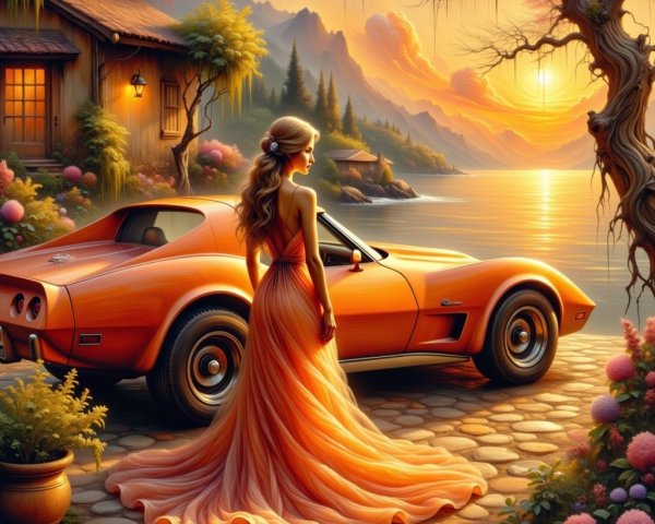 Serene Sunset Over Tranquil Lakeside with Corvette
