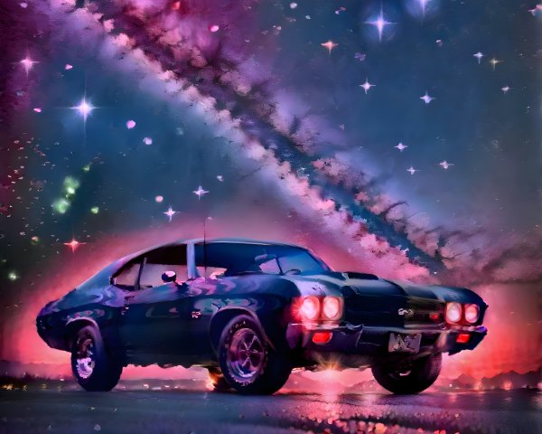 Classic Black Muscle Car Against Cosmic Backdrop