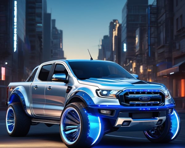 Custom Ford Truck in Futuristic Urban Dusk Setting