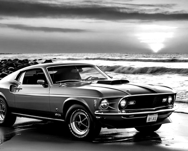 1969 Ford Mustang at Beach with Sunset Background