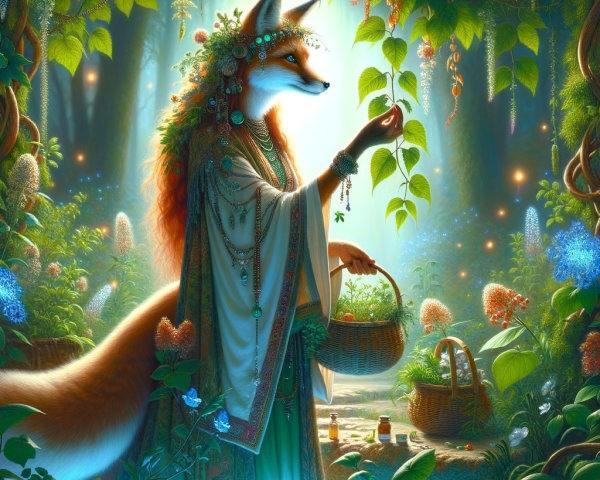 Majestic fox in floral crown in a magical forest