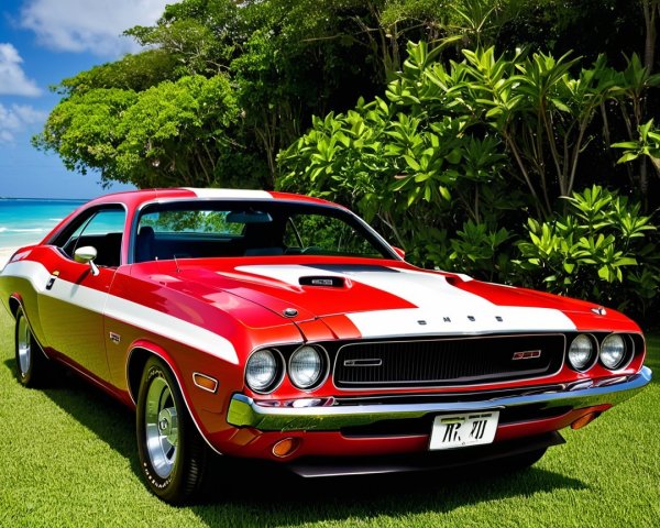 Classic Muscle Car on Green Grass by Beach and Palm Trees