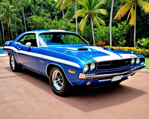 Classic Blue Muscle Car in Tropical Setting
