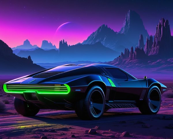 Futuristic Car in Otherworldly Landscape with Mountains