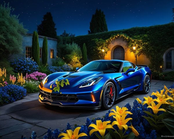 Blue Sports Car Surrounded by Vibrant Flowers at Night
