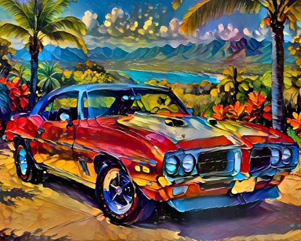 Retro Muscle Car in Tropical Setting with Vivid Colors