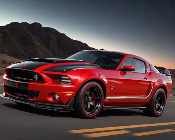 Red Sports Car with Black Stripes and Mountain Backdrop