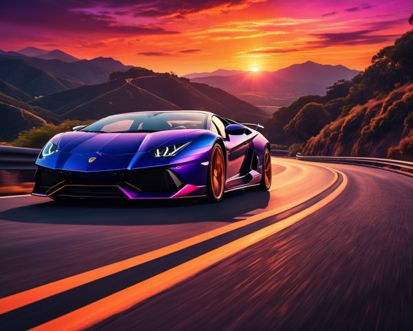 Purple Lamborghini Aventador on a winding road at sunset