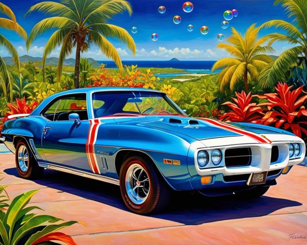 Classic Blue Muscle Car Surrounded by Tropical Foliage