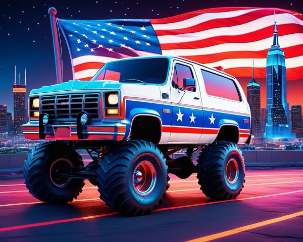 Patriotic Monster Truck Against City Skyline at Dusk