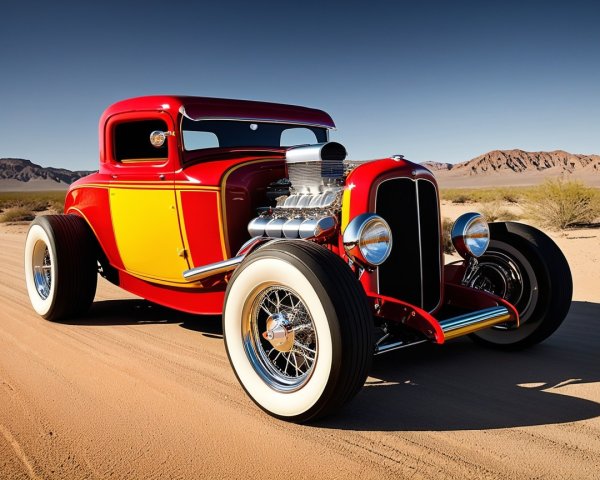 Classic Red and Yellow Hot Rod on Desert Road
