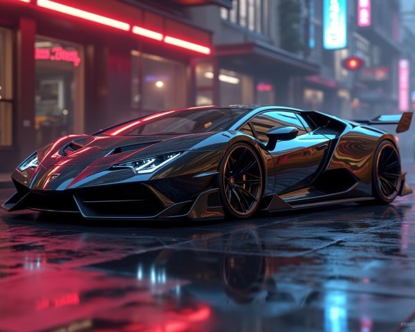 Sleek Black Sports Car in Neon-Lit Urban Scene