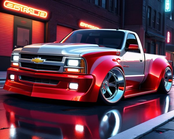 Vibrant Red and White Modified Chevrolet Pickup Truck
