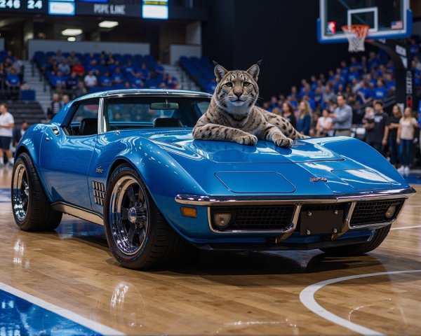 Blue Classic Car with Lynx on Gymnasium Floor