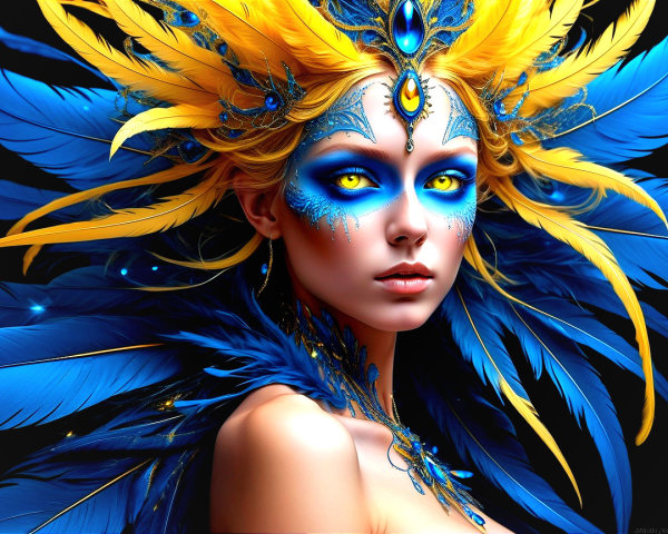Vibrant Blue Feathered Figure with Jewel Headdress