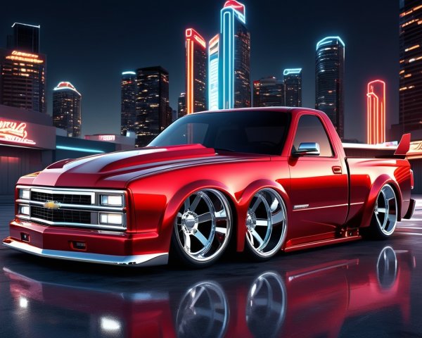 Red Chevrolet Truck with Custom Modifications at Night