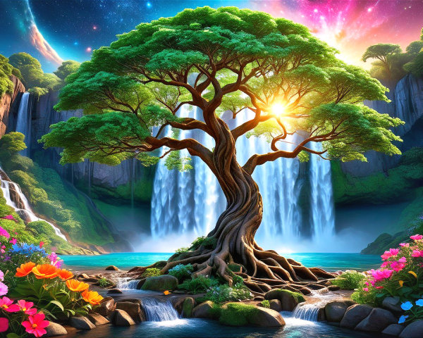 Majestic tree in vibrant landscape with waterfalls and lake