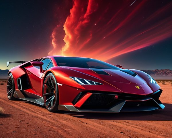 Red Sports Car in Dramatic Desert Sunset Landscape