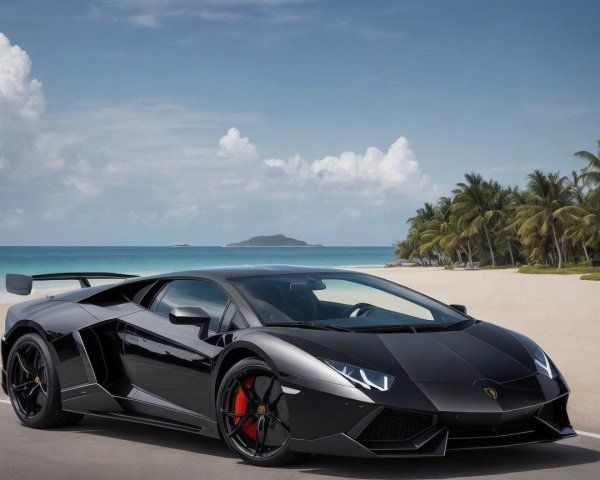 Black Lamborghini Aventador on a sandy beach scene