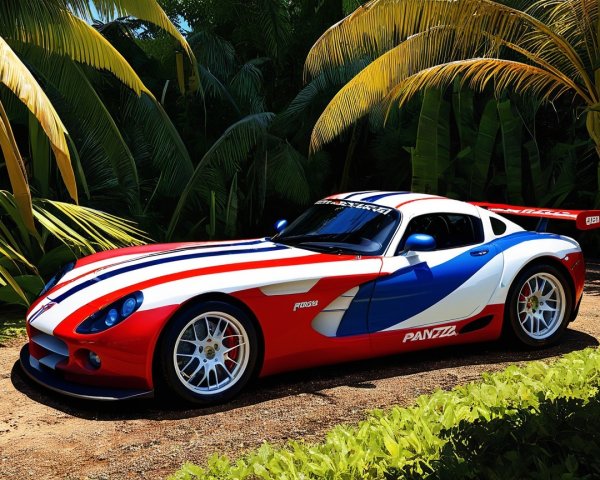 Sleek Sports Car Among Tropical Foliage with Racing Stripes