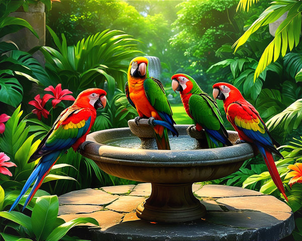 Colorful Macaws at Rustic Stone Birdbath in Tropics