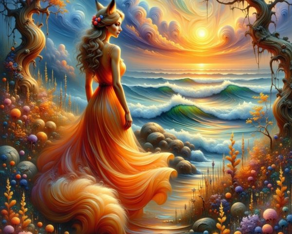 Woman with Fox Ears by the Shore at Sunset
